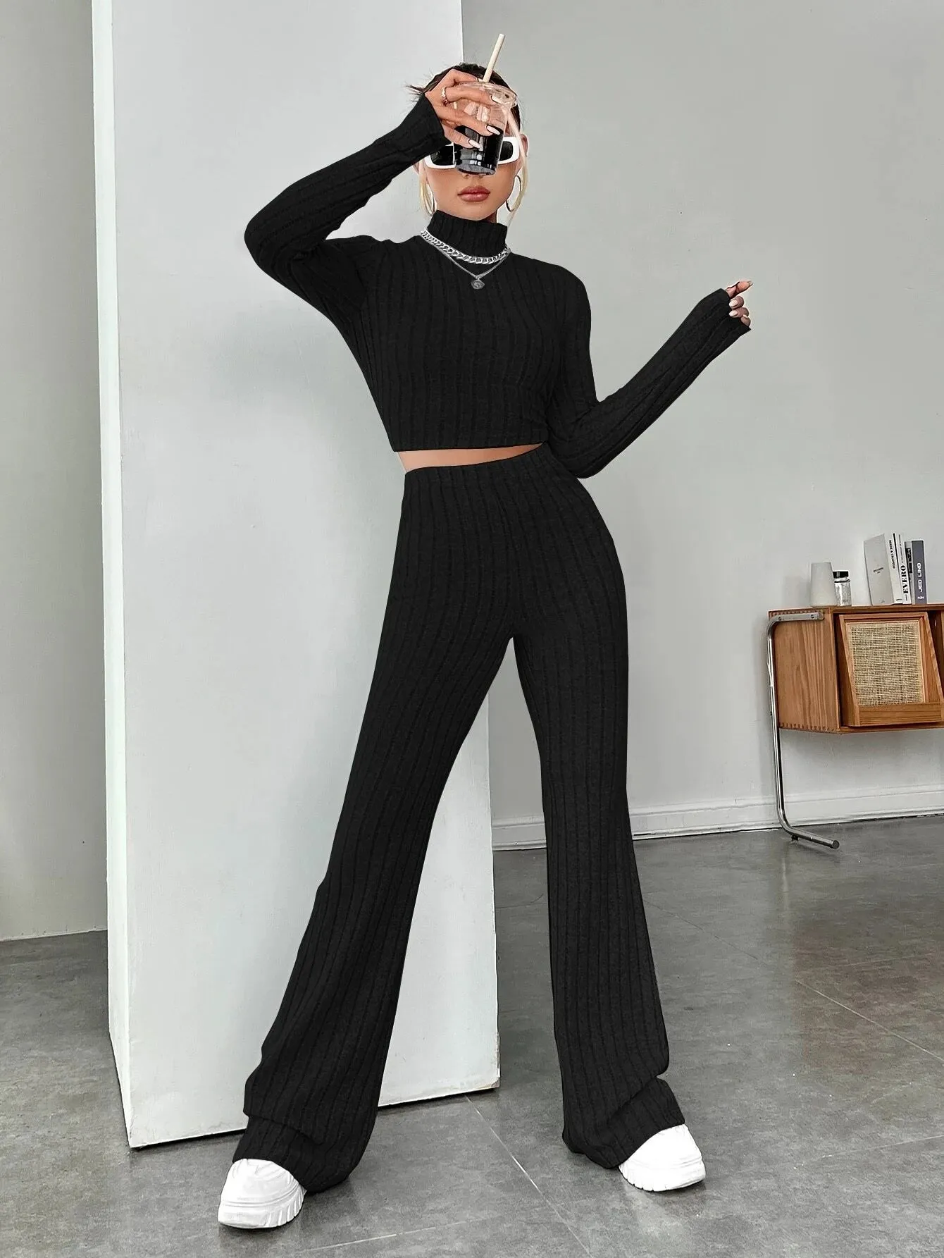 SHEIN EZwear Mock Neck Crop Tee & Flare Leg Pants