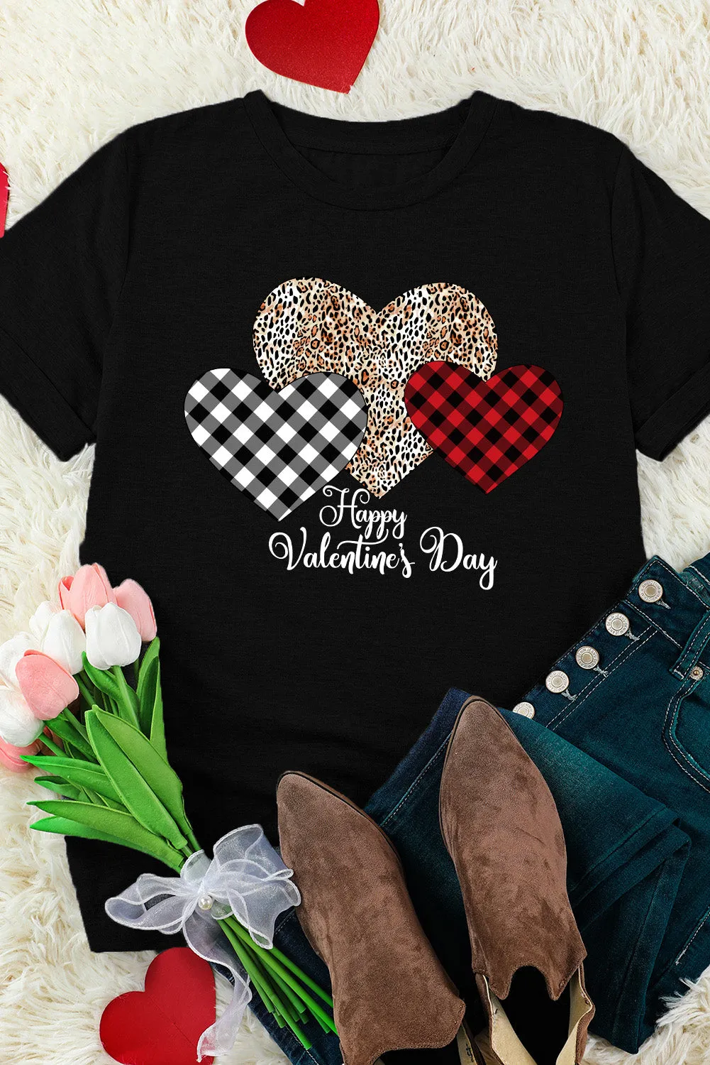 Valentine's Day T-Shirt Leopard Plaid Hearts Graphic Tees